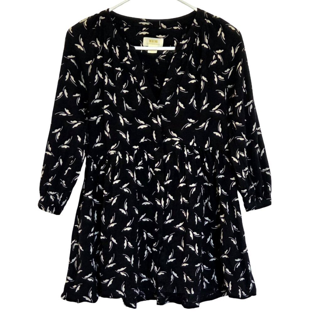 Maeve Anthropologie Women's XS Babydoll Tunic Black & White V-Neck Butterfly Top